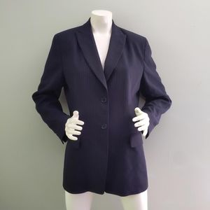 Vintage 1990s Ann Taylor Navy Blue & White Pinstripe Longline Wool Blazer 12